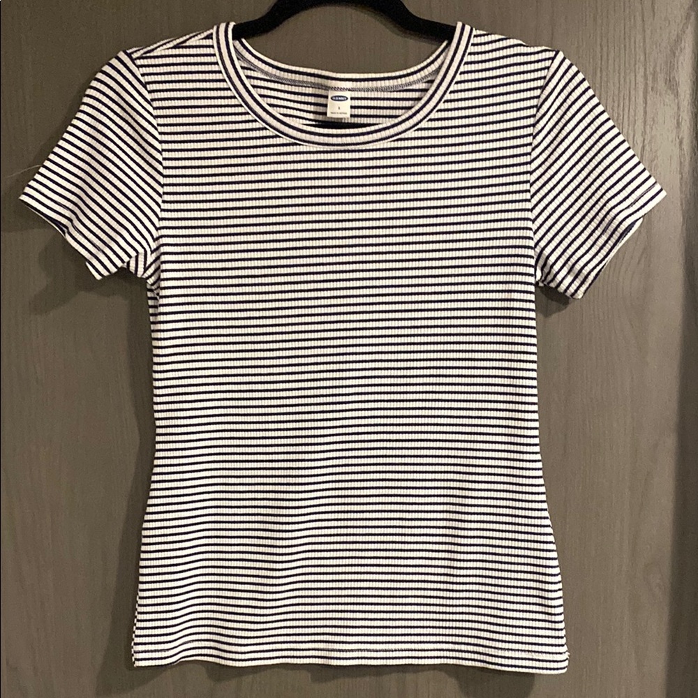 Old Navy White and Navy Striped Fitted Short Sleeve Tee